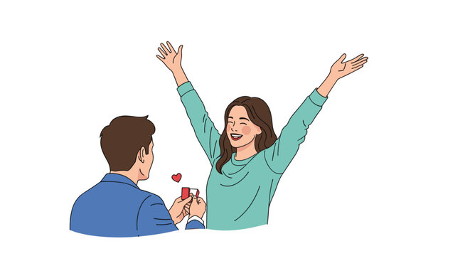 Young man kneeling and proposing to his girlfriend who is very excited with her arms raised in joy representing romantic engagement moment.