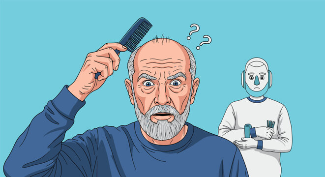 Worried balding man looking in the mirror and combing his hair while a robot holds a comb in background representing hair loss solutions.