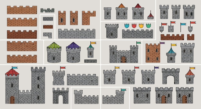 Medieval castle constructor kit, flat vector fortress building elements with stone walls and towers, modular kingdom architectural set for game design