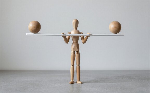 Wooden figure balances two spheres on a plank symbolizing equilibrium