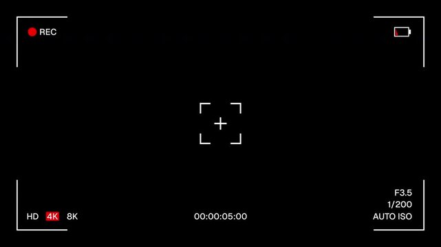 4K Screen Recorder Overlay with Alpha Channel. Video Camera Recording Screen UI with Low Battery Signal. Transparent Black Background Viewfinder.
