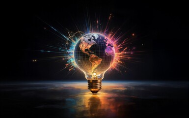 Obraz premium Glowing light bulb contains Earth radiating vibrant colors and energy