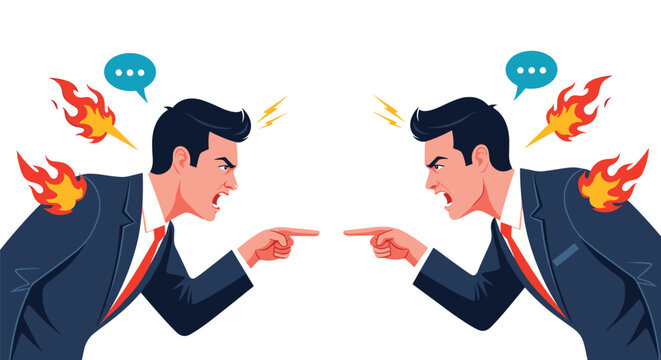 Two businessmen in formal suits are shouting and pointing fingers at each other in a heated argument with flames symbolizing their intense anger.