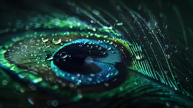 Peacock feather macro detail showing vibrant blue and green iridescent eye patterns covered in sparkling liquid water droplets for artistic nature background