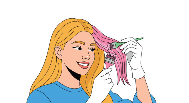 Young blonde woman smiles as she uses brushes to apply pink dye to strands of her long hair to create a trendy colorful hairstyle.