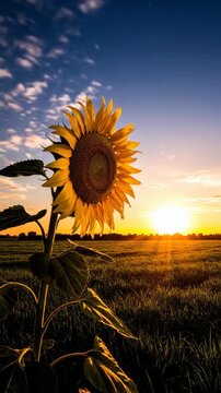Sunflower tracks the sun during day in field throughout time with smooth movement and changing light