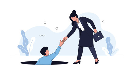 Fototapeta premium Supportive businesswoman reaching out her hand to help a male colleague climb out of a deep hole representing professional career rescue.