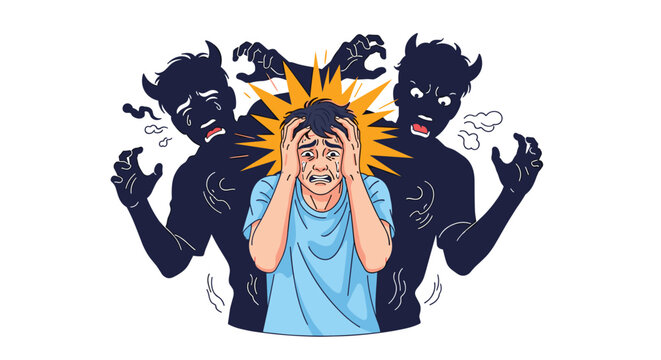 Distressed man holds his head in fear while being haunted by dark shadowy monster figures representing his inner demons or mental struggles.