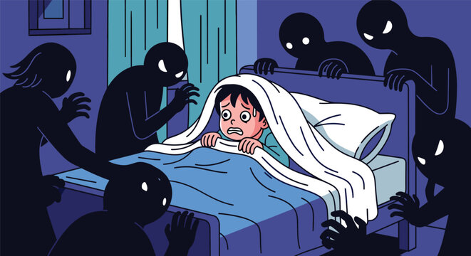 Scared little boy hiding under a white blanket in bed while being surrounded by dark shadow monsters and ghosts during the night.
