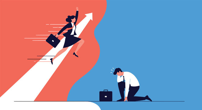 Successful businesswoman flying upwards on a white progress arrow while leaving a disappointed male colleague behind in the competition.