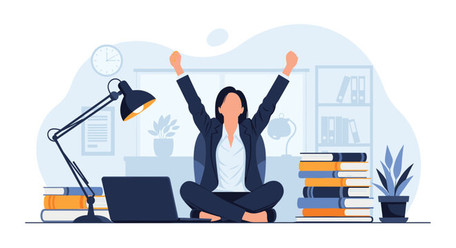 Successful business woman sitting at her office desk and celebrating with her arms raised in the air after finishing work.