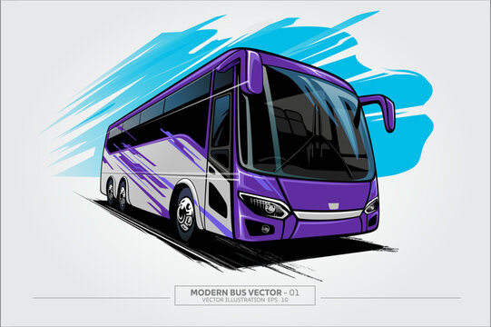 Purple Tour Coach Bus Vector Illustration Front Three-Quarter View, good for Travel agency illustration or travel theme purpose.