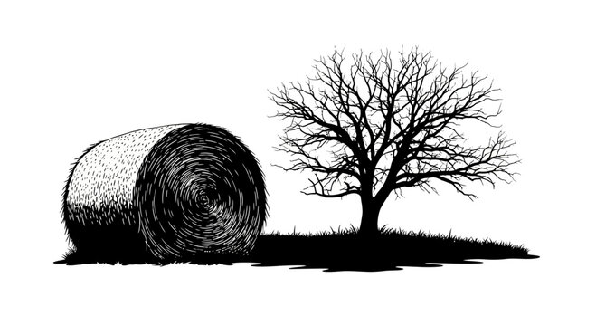Round hay bale and leafless tree silhouette in a field