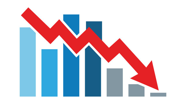 A multi-colored bar chart displaying varying heights in shades of blue is positioned behind a sharp, jagged red trend arrow pointing downward on white background.