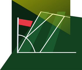 Minimalist geometric illustration showing a soccer corner flag with white pitch lines on green grass. © SATHI