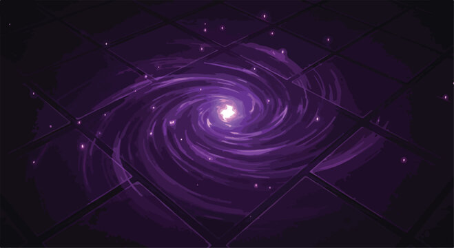 Purple magic portal on stone floor, glowing spiral energy vortex vector, mystical fantasy dungeon teleport effect, dark cosmic whirlpool background