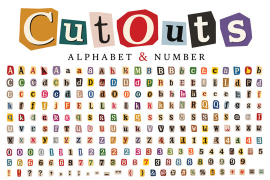 Ransom note alphabet and number cutouts, vintage magazine letter clippings, colorful paper scrap typography set for collage and punk design