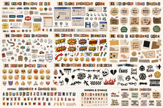 Retro mega sticker pack with Y2K UI elements, vintage comic pop art bubbles, aesthetic scrapbook ephemera, and street style graffiti graphics