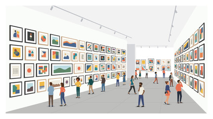 Fototapeta premium A crowded modern art gallery features numerous visitors viewing various colorful geometric framed paintings displayed along white walls in a bright minimalist indoor space.
