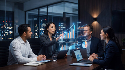Fototapeta premium Business team analyzing financial data with holographic charts in a modern office boardroom.