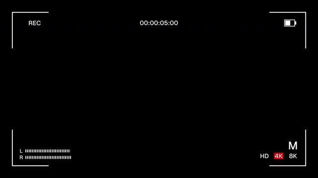 4K Screen Recorder Overlay with Alpha Channel. DSLR Camera Viewfinder Frame with Multiple Settings Timer. Surveillance Security Screen UI.