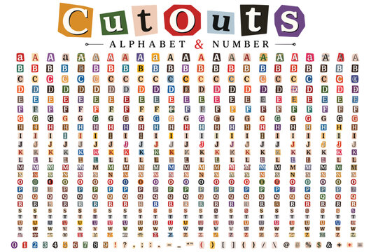 Ransom note cutouts alphabet and number set, colorful magazine letter clippings vector, vintage collage typography for punk and grunge design