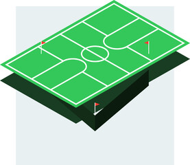 Isometric 3D green soccer field icon featuring white pitch markings and red corner flags shadow © SATHI