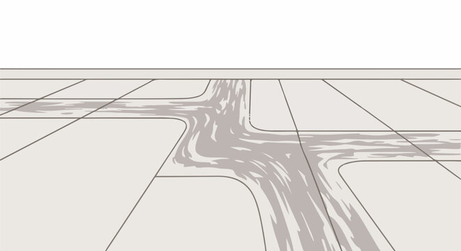 Overhead view of an intersection with traffic lanes and paved ground, rendered in muted tones