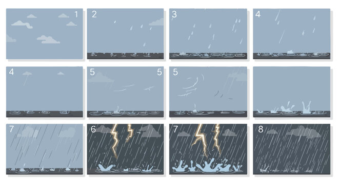 Weather animation storyboard frames, rain and lightning storm sequence vector, 12 numbered scene panels for motion graphics, atmospheric rainy day cycle