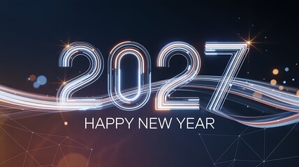 Naklejka premium Bright glowing 2027 numbers in neon style with abstract light streaks and happy new year text.