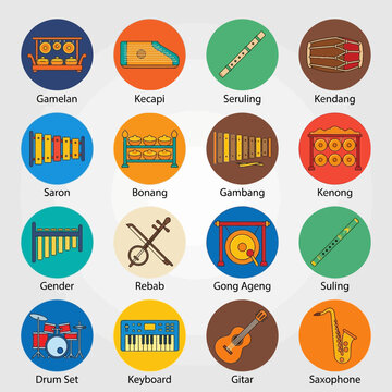 Flat Vector Icons of Traditional Indonesian Gamelan and Modern Instruments