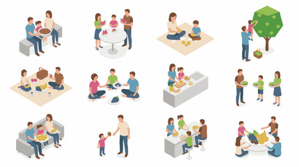 Fototapeta premium Collection of Isometric Illustrations of Families Enjoying Diverse Fruits in Domestic and Outdoor Settings
