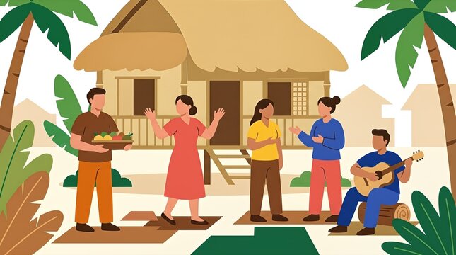 filipino family gathering near traditional nipa hut