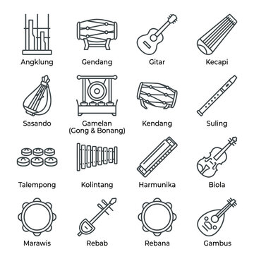 Traditional Indonesian and Modern Musical Instrument Line Art Icons