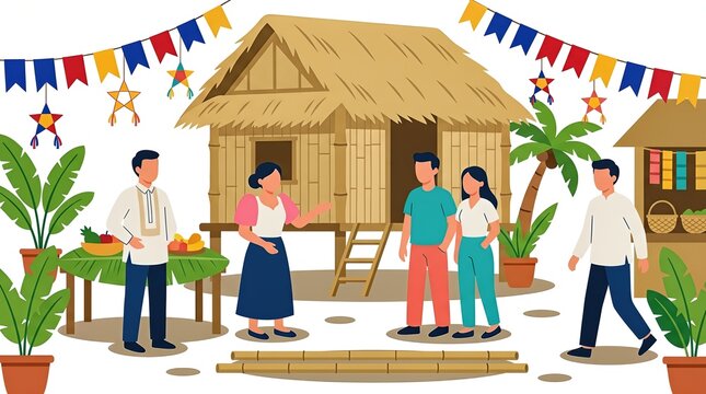 people gather outside a traditional filipino house