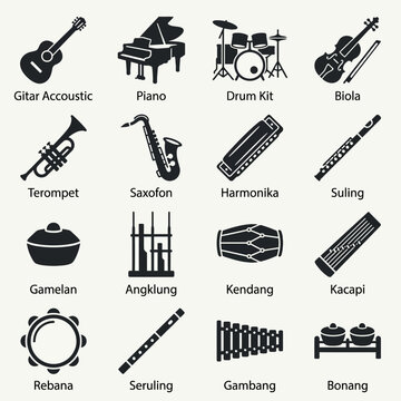 Black and White Icons of Western and Indonesian Musical Instruments