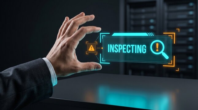 Premium OTS Hand Pinch Zoom AR Network Anomaly INSPECTING Hologram Copyspace