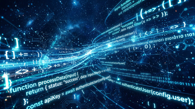 Abstract digital background with glowing programming code and data stream technology concept