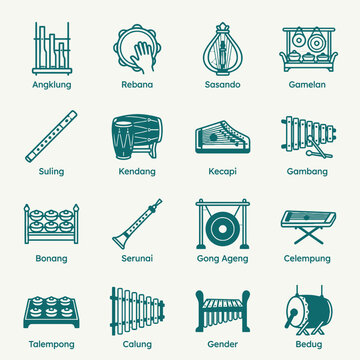 Collection of Traditional Indonesian Musical Instrument Flat Vector Icons