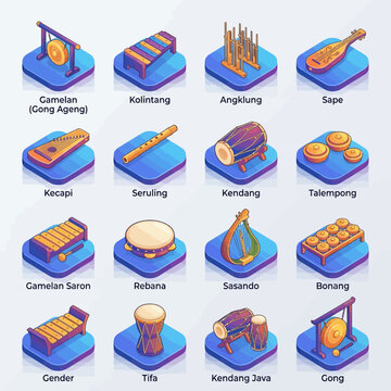 Isometric Indonesian Traditional Musical Instruments Illustration Collection
