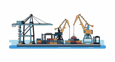 Obraz premium Industrial port scene with large cranes loading containers onto ships