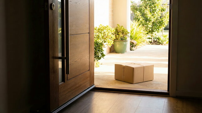 Package: cardboard box left on doorstep outside open front door of residential home, representing e-commerce delivery and online shopping.