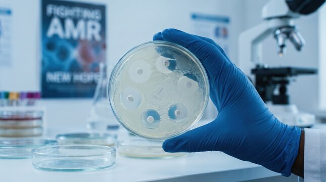 Petri dish with bacterial culture and antibiotic test discs held by gloved hand in clinical laboratory setting showing microbial inhibition and scientific research