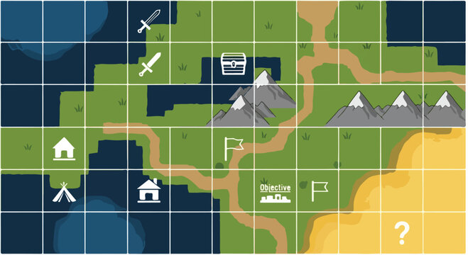 Fantasy RPG world map vector, flat strategy game level design with grid, adventure quest map with mountains, forest, and ocean icons