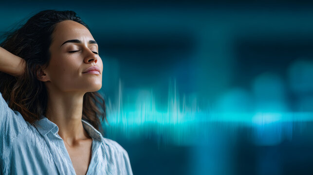 Serene woman enjoying peaceful music with eyes closed, embracing relaxation and mindfulness in a modern digital environment. Calm audio waves symbolize tranquility and stress relief