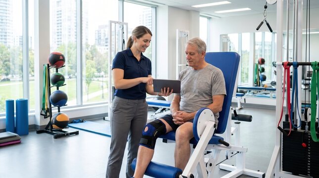Physical therapist reviewing rehabilitation plan on tablet with senior male patient seated on leg extension machine in bright clinic, supportive interaction and knee brace visible