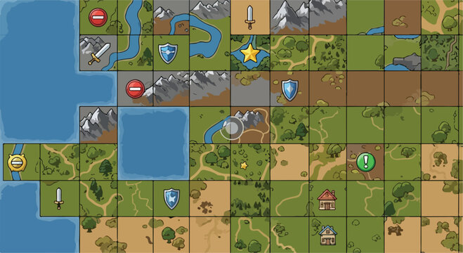 Fantasy World Map Tiles, Medieval Strategy Game Board Vector, Hexagonal Grid Landscape with Mountains Rivers and Forests for RPG Gaming