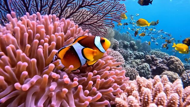 Vibrant clownfish nestles among billowing pink anemone tentacles, a mesmerizing underwater scene with a coral reef teeming with schools of small, yellow fish in clear turquoise ocean water