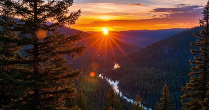 Sunset over mountains and river