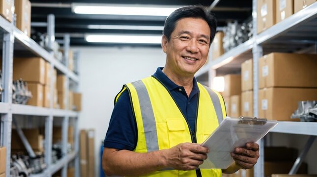 Smiling middle aged East Asian warehouse worker in safety vest holding clipboard among shelves of cardboard boxes, confident and approachable while conducting inventory